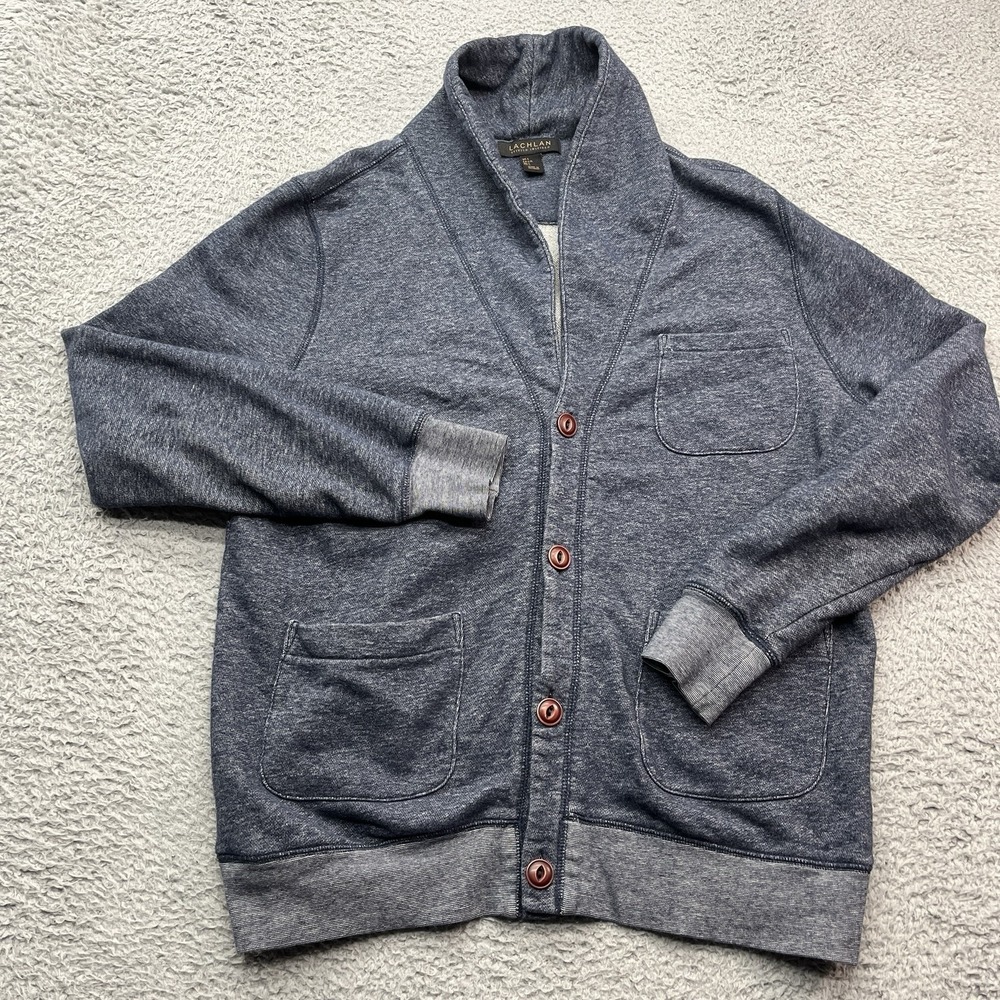 Lachlan‎ Shawn Collar Cardigan Sweater Mens L Blue Pockets Button Up GrandpaCore